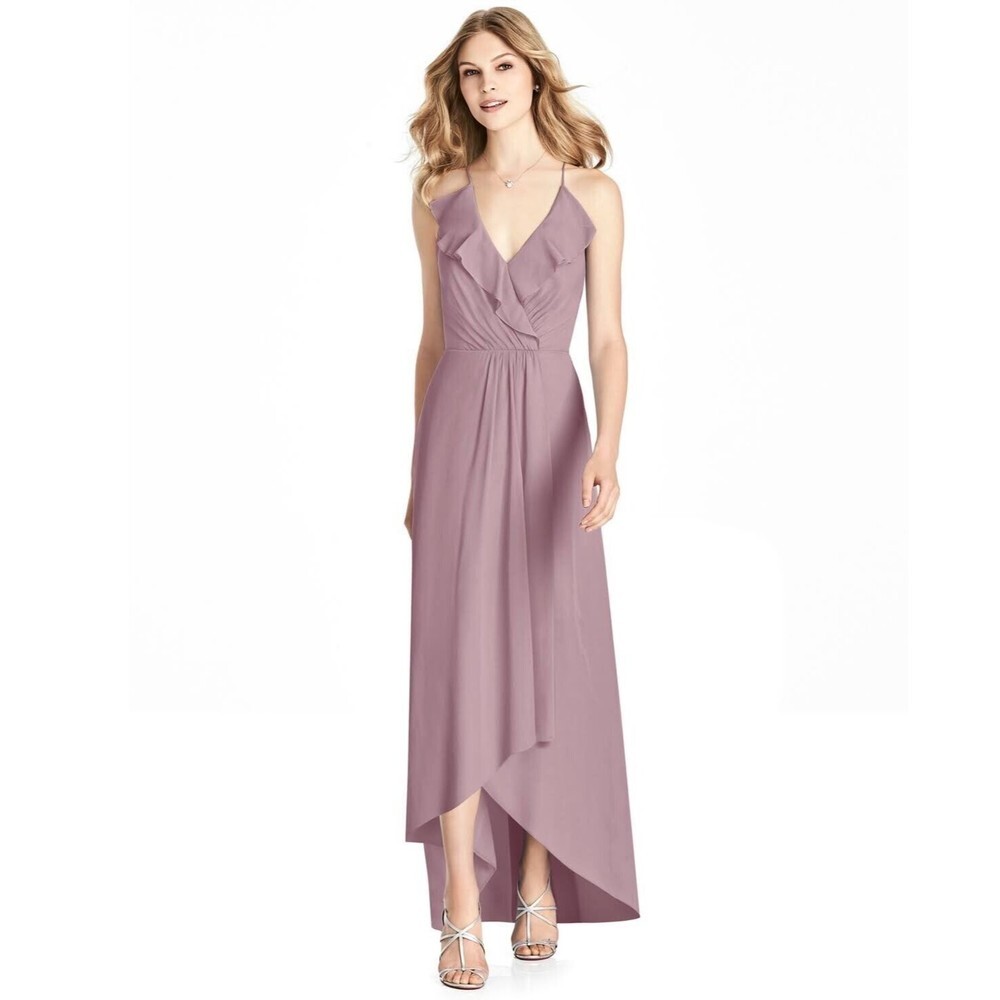 V-Neck Cross Back High-Low‎ Chiffon Bridesmaid Dress w/ Ruffle Trim Dusty Rose